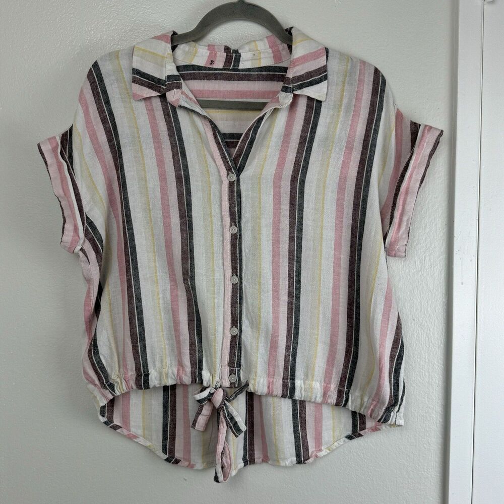 Sanctuary Striped Shirt Womens Large Button Up White Pastel Linen Tie Front